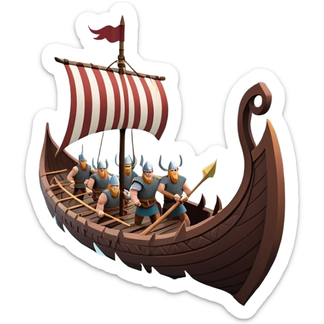 clash-of-clans-aesthetic_-cinematic-viking-longboat, rendered in a flat, bold vector style with minimal shading, featuring a striking dragon-headed prow slicing through icy, churning waters. shields on the side and vikings rowing The longboat’s intricately detailed shields and carved motifs evoke a sense of epic adventure and Nordic might, with billowing sails catching a dramatic, stormy sky backdrop. sticker