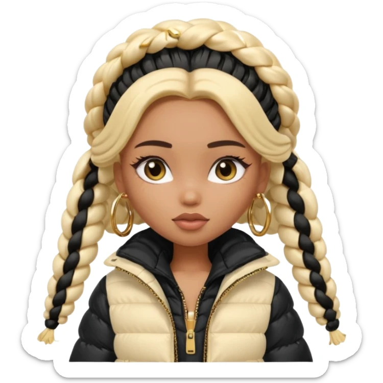 generate a pretty bratz girl with a WHITE puffer jacket, hoops, long braided hair black sticker