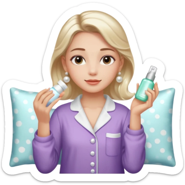 Clean girl aesthetic emoticons, apply skincare products, pearl earrings, glowing skin, pajamas, soft lighting sticker