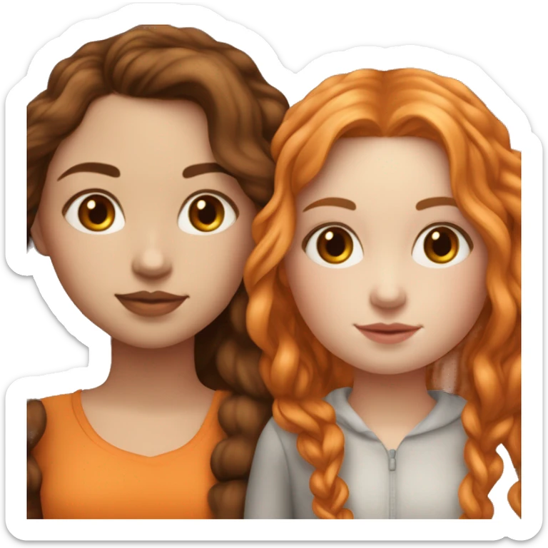 serene two white girls. one has mid length dark brown hair and the other has long orange hair. standing together and kissing in gentle light. calm and content. hyper-realistic soft textures fine details glow on skin sticker