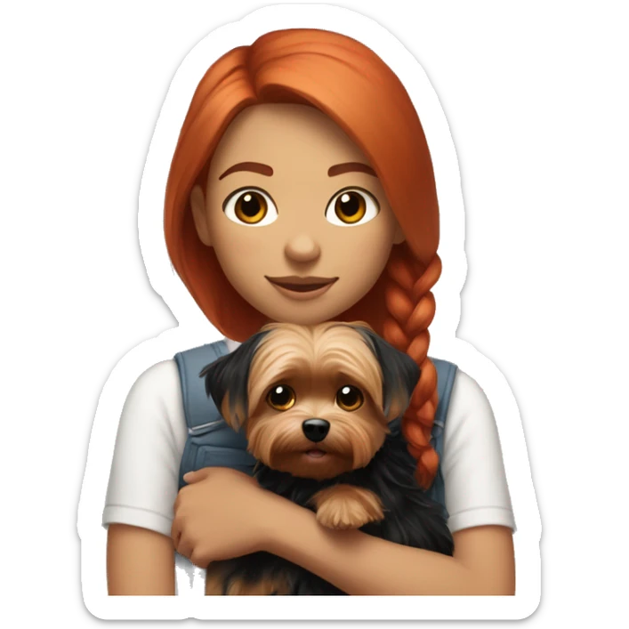 a girl with red hair and light skin up to her shoulders holds a black-golden Yorkie in her arms sticker