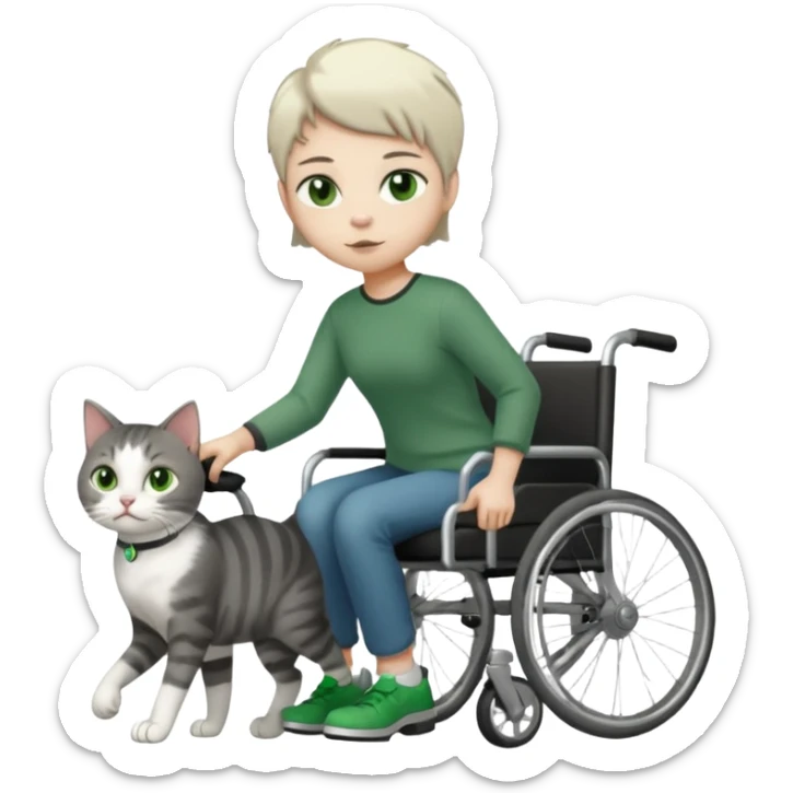 full body small short hair dark grey and white cat with green eyes walking in a wheelchair for cats sticker