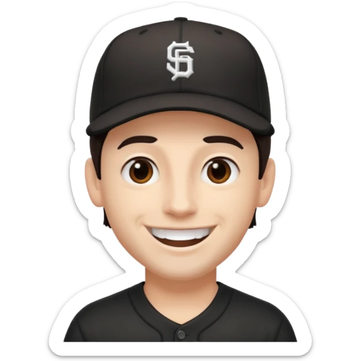 male, dark brown hair, dark brown eyes, fair skin, black baseball hat, no teeth sticker