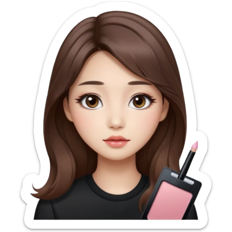 “korean straight brown hair Emoji girl, soft eyeliner and blush, gradient lips, light brown shimmer eyeshadow, long wavy hair,  sticker
