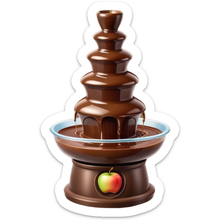 3D render of Chocolate Fountain, made entirely of dessert materials, glistening sugar crystal texture, flowing liquid dark brown chocolate, delicious confectionery aesthetic, Apple emoji style, isolated on white background --v 6.0. sticker