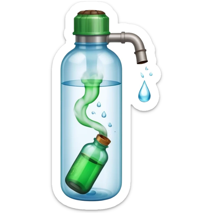 Plastikowa butelka po wodzie, wypełniona w środku zielonym dymem i zakrętka od butelki ma wbitą lufkę z tytoniem sticker