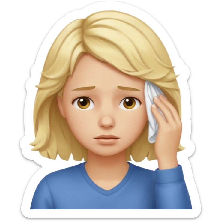 tired blond girl with lightly wavy hair, wipes away sweats from the forehead sticker