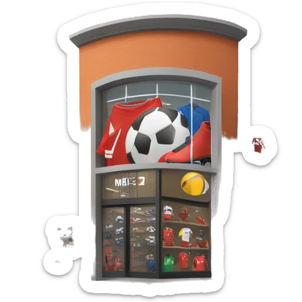 “Soccer store exterior with bold signage, large windows showcasing football gear, jerseys, and accessories, and a dynamic, athletic design reflecting the energy of the sport.” sticker