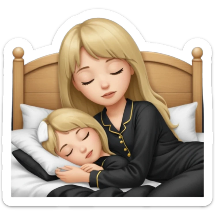 Young woman with long dark blond hair all around her, and a bang, sleeping in bed  with black pyjama  sticker