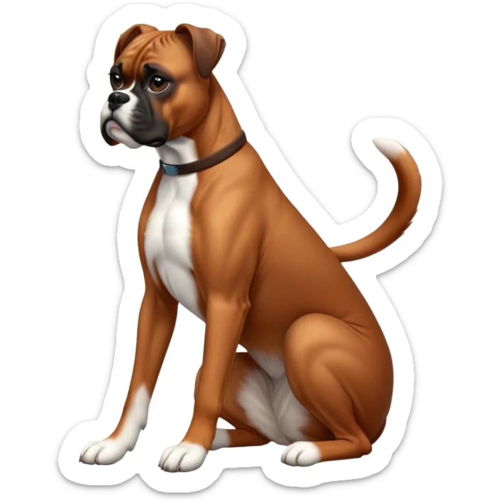 cinematic-[boxer dog]-realistic-full-body-sitting-emoji,-tail-resting-loosely-beside-its-paws,-head-tilted-dramatically,-sleek-[brown]-fur,-simplified-yet-realistic-focused-features,-highly-detailed,-glowing-with-an-almost-sarcastic-glow sticker