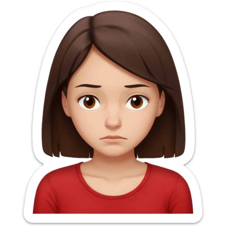"Cartoon emoji of a young brunette woman with fair-medium skin, brown eyes, wearing a simple red top. Portrait mode, slouched, looking down, overthinking and insecure. Small frown, worried eyes. Smooth, friendly, stylized, Mary Jane–like appearance." sticker