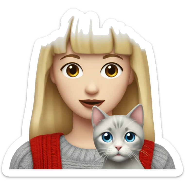 girl with short blonde hair and bangs (a fringe) with blue eyes, long eyelashes and red lipstick in a red cable knit sweater holding a grey cat sticker