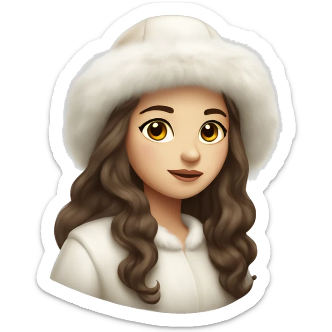 Slavic girl with dark eyes and brown wavy long hair wearing a white fur hat and white Mink fur coat sticker