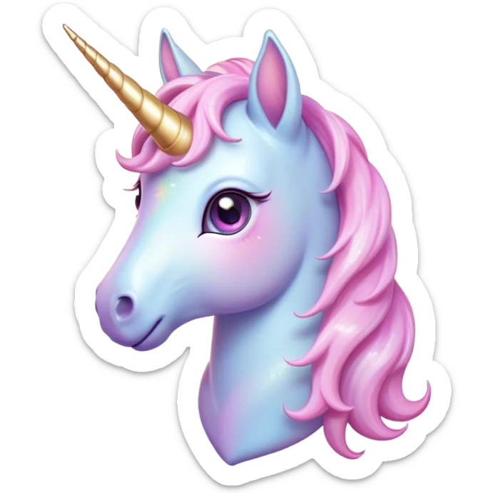 Cinematic Cute Unicorn Pony Portrait Emoji, Head tilted playfully and inquisitively, featuring a charming, diminutive form with a gentle pastel color, a delicate, sparkling horn and large, dreamy eyes full of wonder, Simplified yet irresistibly adorable features, highly detailed, glowing with a warm, magical glow, high shine, affectionate and lively, stylized with a touch of whimsical charm, soft glowing outline, capturing the essence of a mischievous yet endearing unicorn pony that seems as if it could prance out of the screen into your arms! sticker