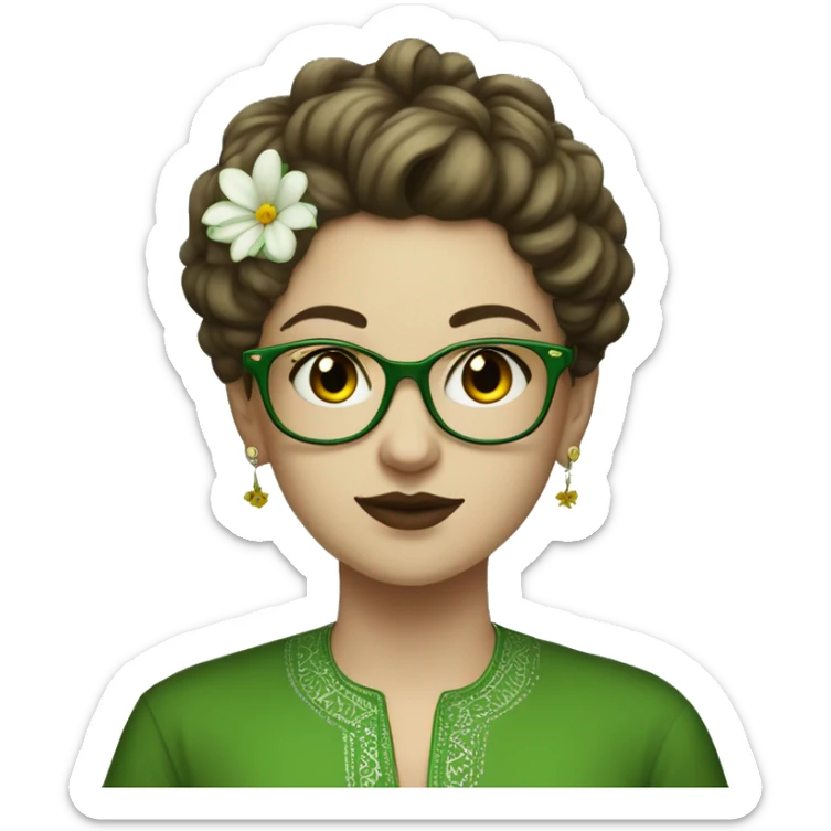 White girl in a green kurta with flower design, glasses, alot of piercing, gay, red lips, nose ring, full body, teen, short edgar hair,  sticker