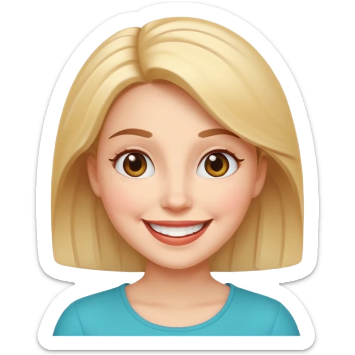 cheerful woman with a bright smile, radiating happiness and good mental health, expressive eyes, positive uplifting vibe, iOS 18 memoji style sticker