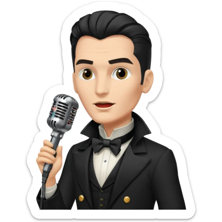 cinematic - musician Falco - wearing black tailcoat and sings on a retro antique microphone sticker