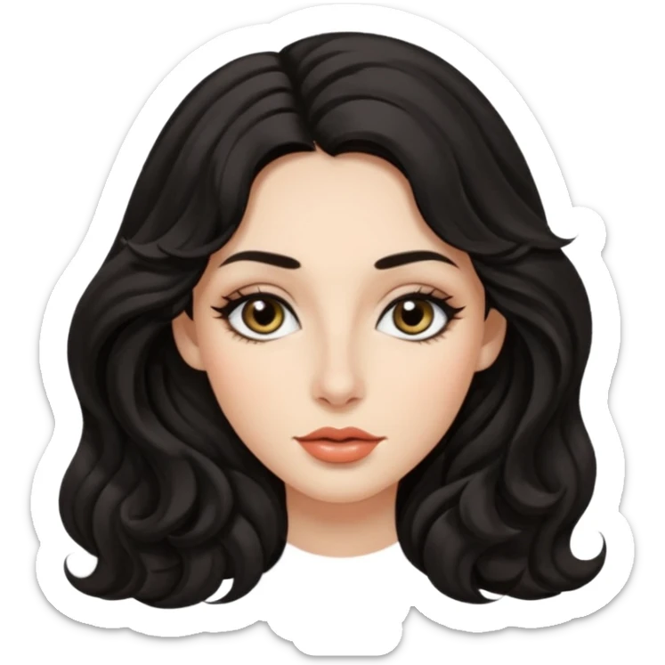 persona mujer con piel clara y ondas color negro y largos  y sin volumen y con delineador en los ojos y con los labios medianos, ojos almendrados y nariz respringada y el fondo blanco  sticker