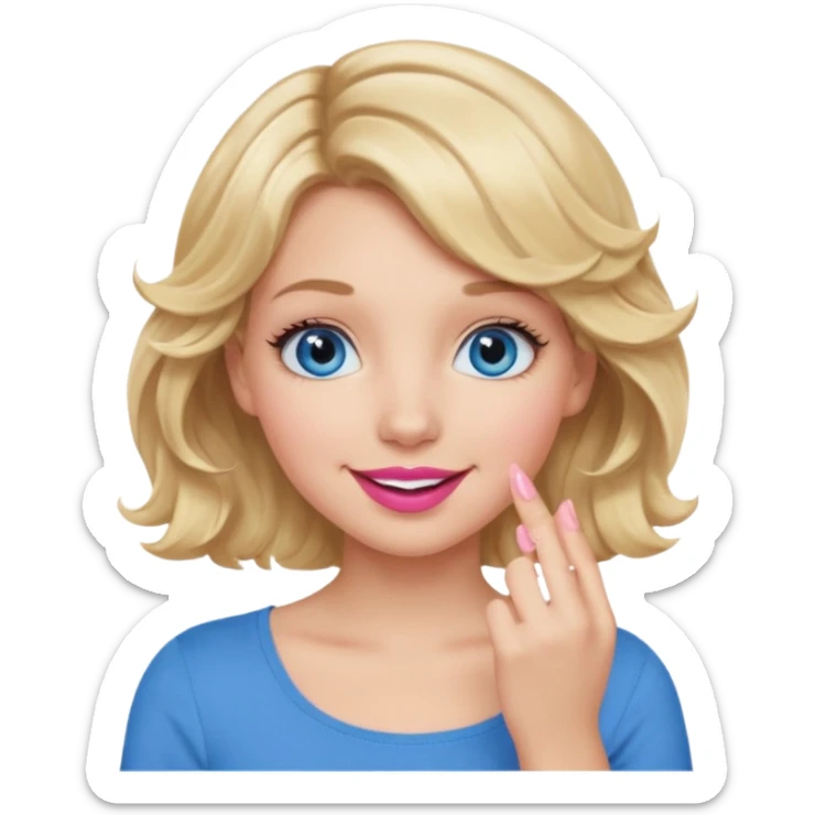 Girl Blonde short wavy hair,  blue eyes, cute blue top, long lashes, pink lips, smiling, hand over the mouth sticker