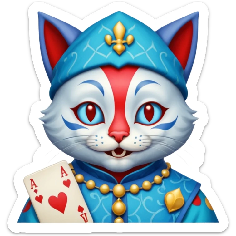 crazy colorful cute little cat jolly joker from poker, medieval, vintage, court jester, mac os icon, blue color sticker