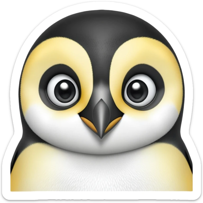 cinematic-cute-emperor-penguin-portrait-emoji,-head-tilted-playfully-and-inquisitively,-with-glossy,-pristine-plumage,-sparkling-eyes-filled-with-curiosity,-simplified-yet-irresistibly-adorable-features, black, large black eyes face, zoomed in sticker