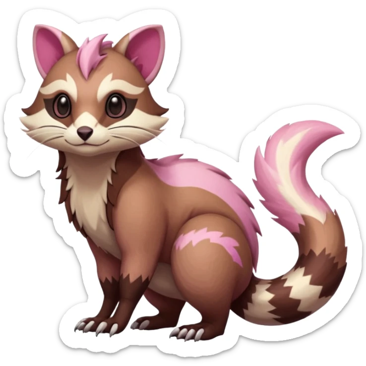 Rare realistic brown-scaled pink, white beige edgy badass epic pretty beautiful handsome gorgeous aesthetic colorful vibrant Vernid-Furret-Linoone-Amaura-species-Fakemon-creature by LiLaiRa, random markings, (full body) sticker