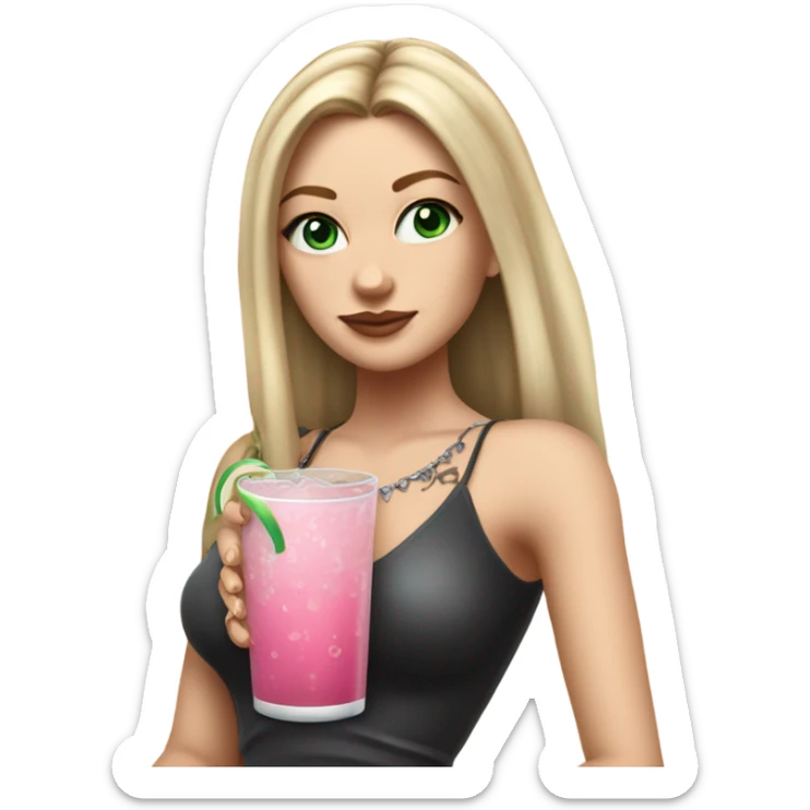 Realistic White girl with Long straight blonde hair, green eyes, tattoos, full body wearing dress and High heels, holding pink drink sticker