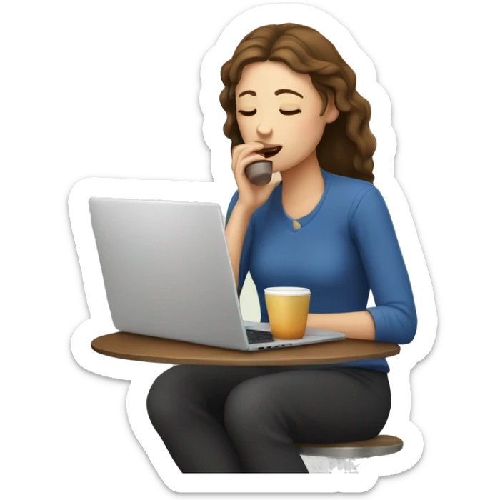 tired french girl with laptop drinking a lot of coffee sticker