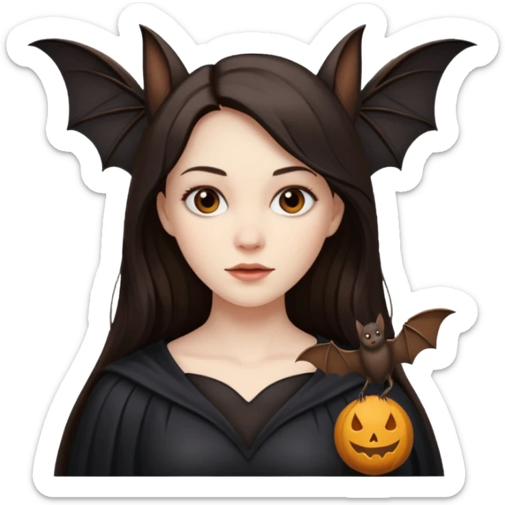 woman with long dark hair with a bat flying nearby sticker