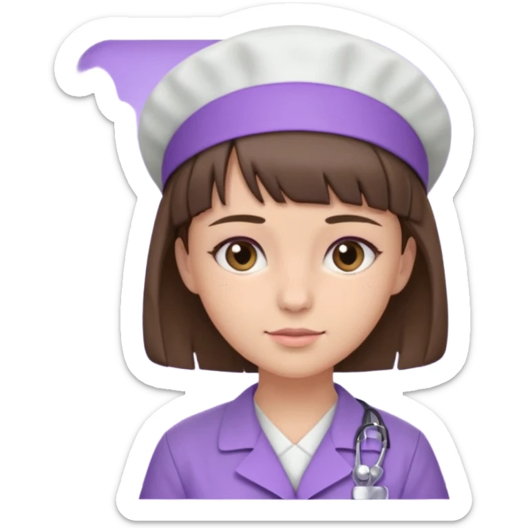 A young female slim nurse with short Brown hair with fringe over her forehead, wearing larvendar purple working cloth sticker
