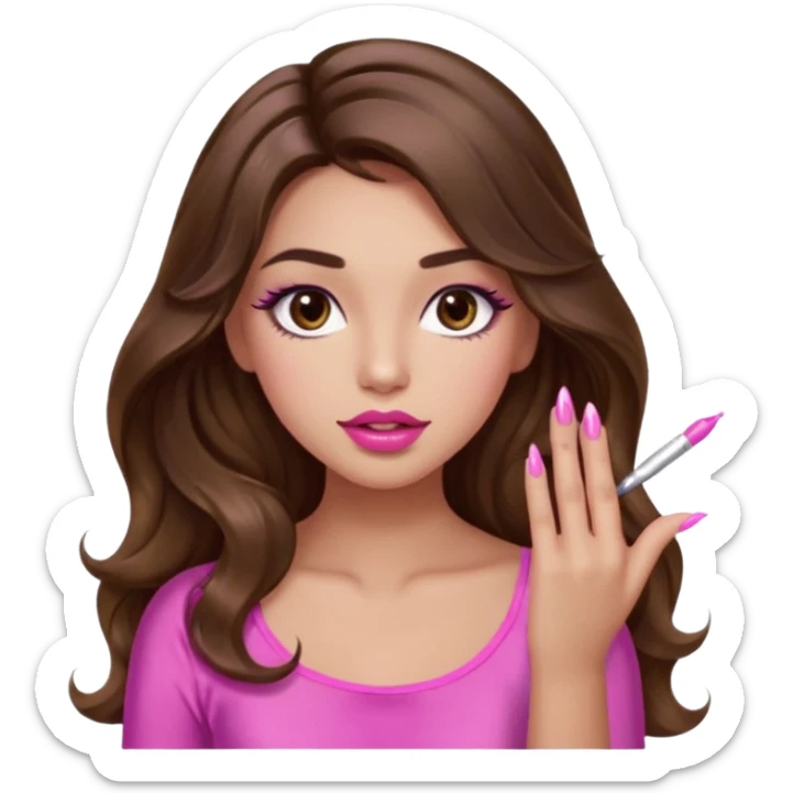girl with long wavy brown hair, brown eyes, light to medium complexion, in a pink sexy top, pink lips, long lashes, puckered lips, showing my nails sticker