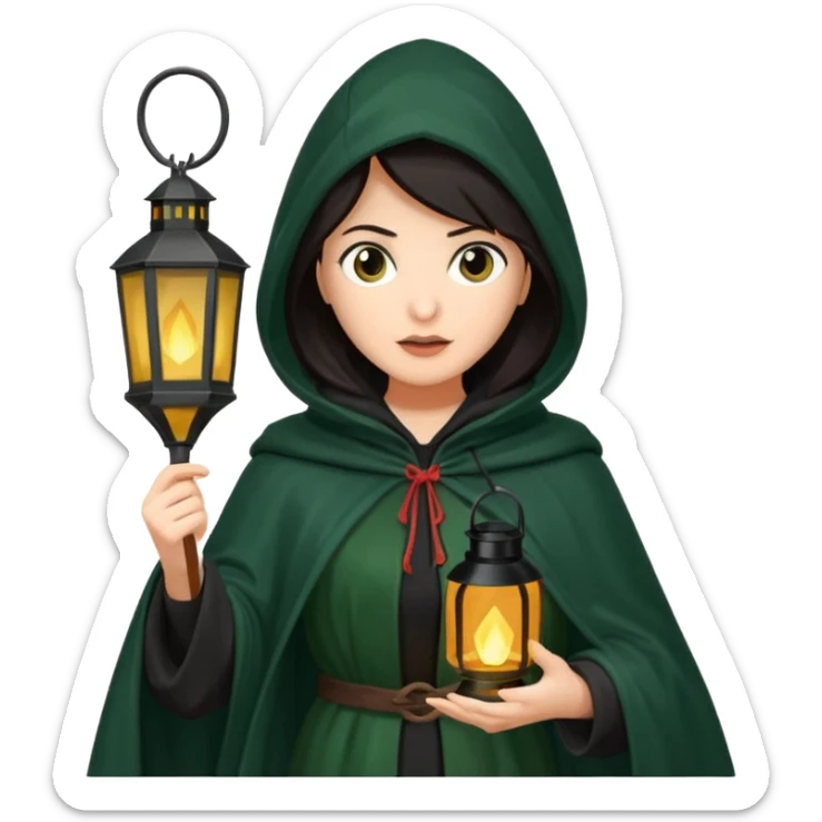 traitor tv show, dark haired woman wearing dark green cloak with hood up who looks evil and is holding up a lantern sticker