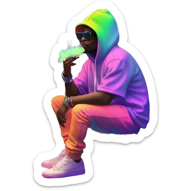 Multicoloured neon person smoking wearing hoodie dancing hip hop bucket hat tropical Skater fashion aesthetic baggy clothes graphic t shirt 420 sticker
