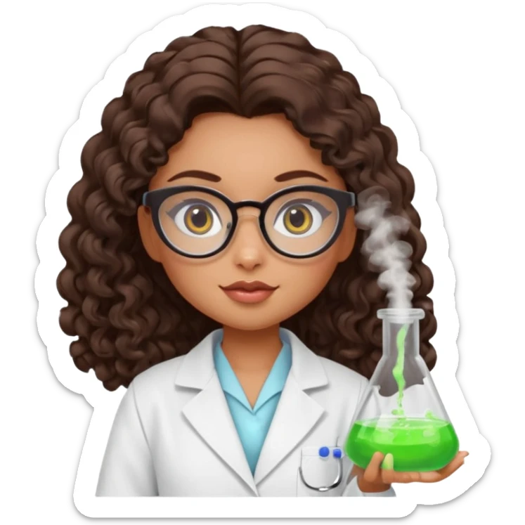 realistic bratz doll with long curly dark brown hair, glasses that are round cat eye vibes, in a lab coat mixing beakers that glow sticker