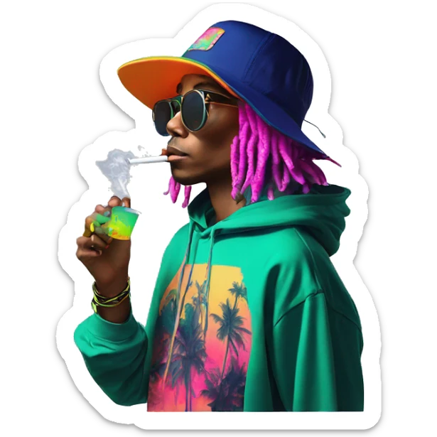 Multicoloured neon person smoking wearing hoodie dancing hip hop bucket hat tropical Skater fashion aesthetic baggy clothes graphic t shirt 420 sticker