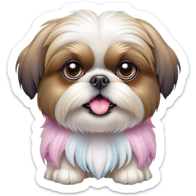 Cinematic Comical Shih Tzu Portrait Emoji, Head cocked with a hilariously exaggerated, shocked expression and twinkling, comically wide eyes, showcasing a fluffy, luxurious fur in soft pastel tones, simplified yet whimsically detailed, glowing with a playful, sassy radiance, high shine, exuding a humorous and cheeky charm, styled with a soft glowing outline, capturing the essence of a Shih Tzu that looks as if it could burst into a fit of playful antics at any moment! sticker