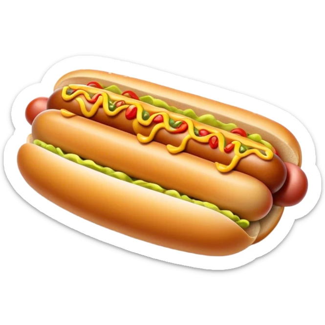 Cinematic Realistic Hot Dog Dish Emoji, featuring a classic hot dog in a bun topped with mustard and relish rendered with crisp textures and vibrant, dynamic lighting. sticker