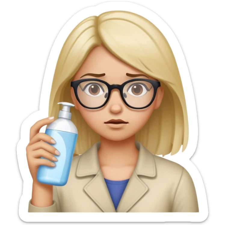Girl with glasses looking disgusted, holding shampoo bottle away from her, not wanting to wash her hair sticker