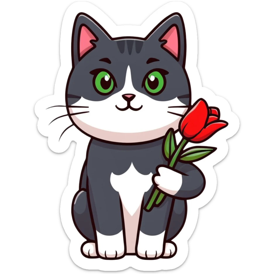 tricolor fluffy cat with big green eyes holding red tulips in her arms sticker