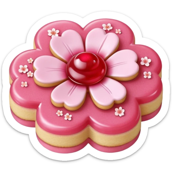 Realistic shortbread cookie in the shape of a cherry blossom with pale pink color jelly middle filling and sprinkled powder sugar on top. sticker