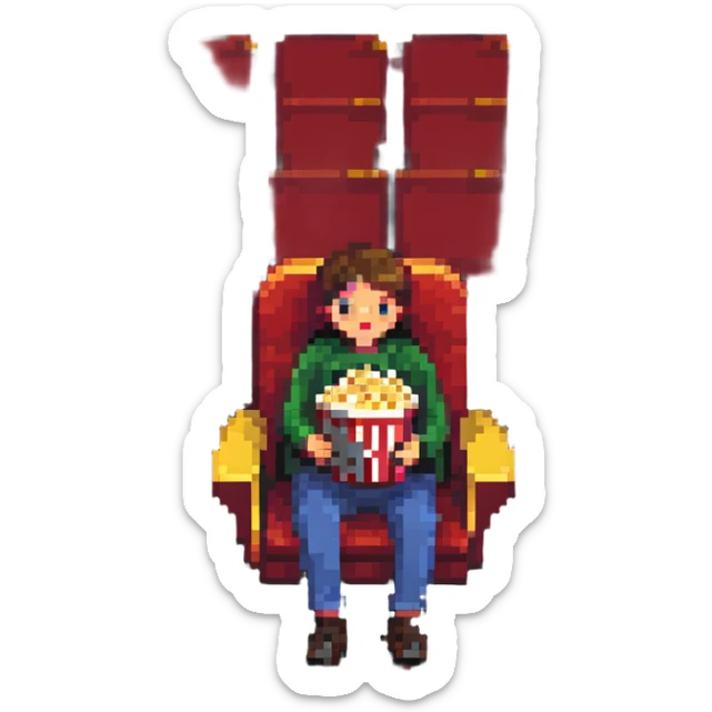 Pixel art person sitting in movie theater chair with popcorn bucket, watching big screen sticker