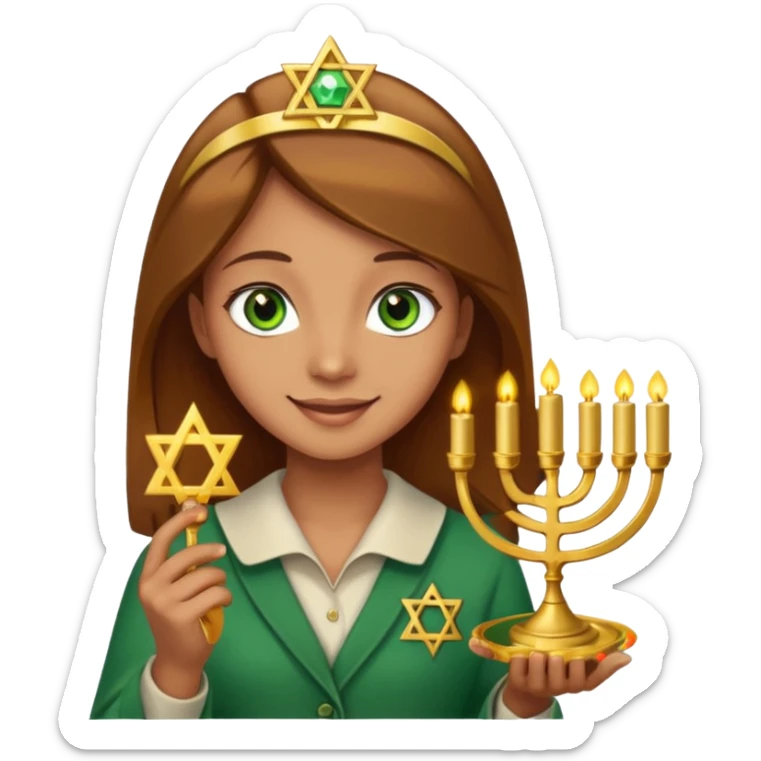 White but tan person with lightish brown hair girl has green eyes and holding the Star of David and a menorah looking at it smiliing sticker