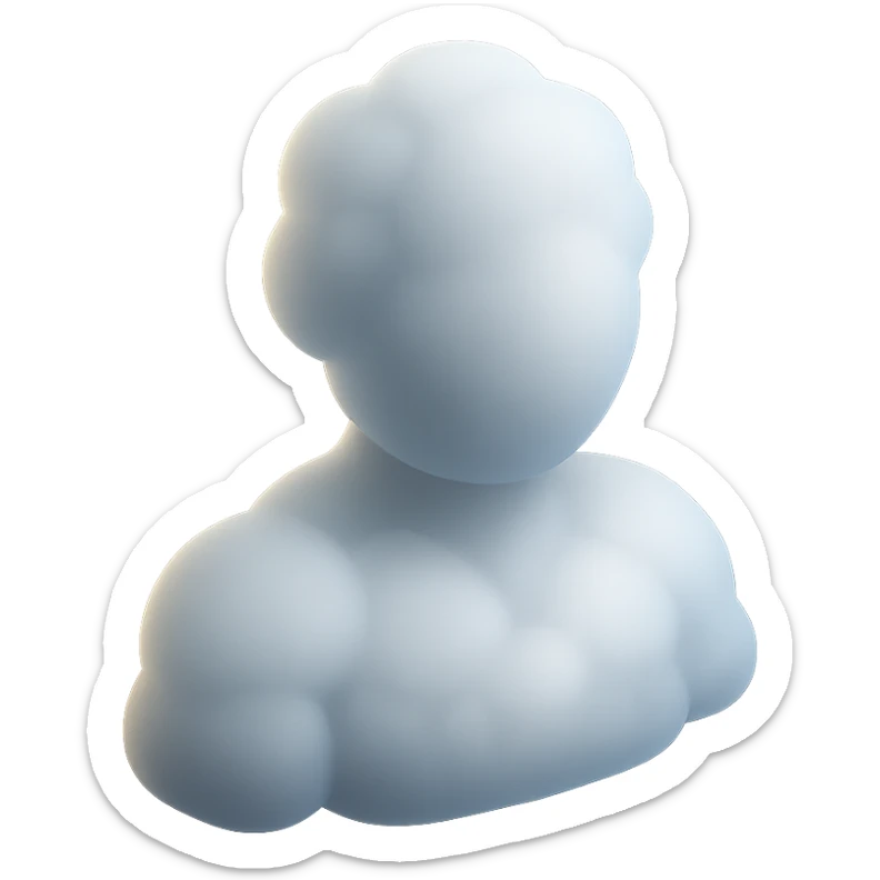 person made entirely of white fluffy convex clouds, shoulder up, front view, matte glass style sticker