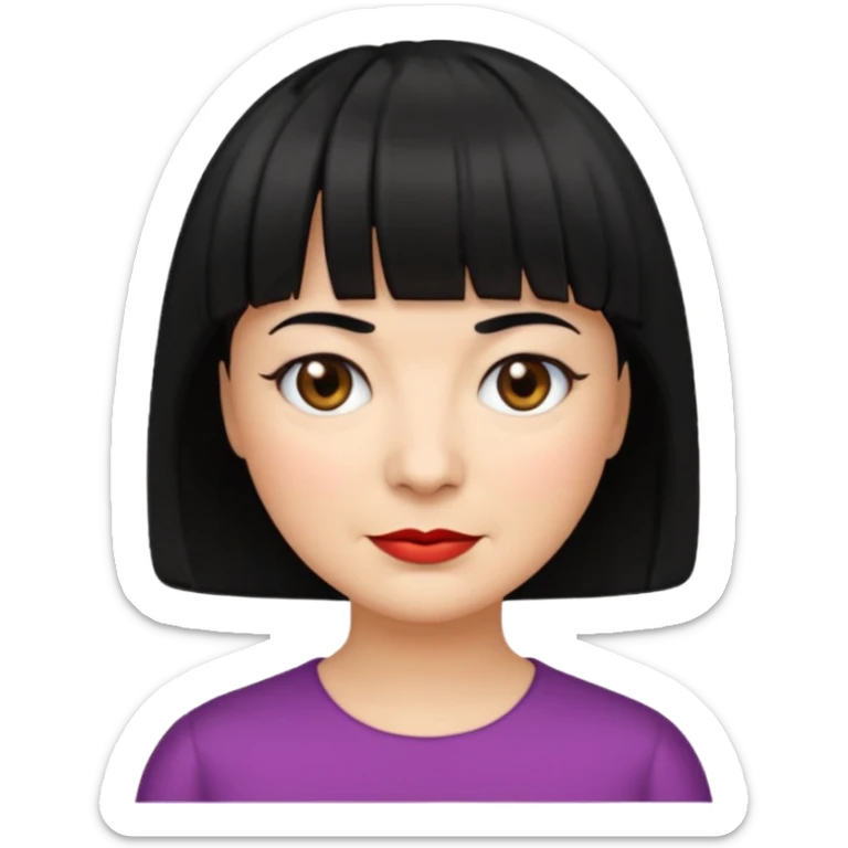 Illustrated emoji of a middle aged woman with short black hair and bangs, white skin and dark eyes sticker