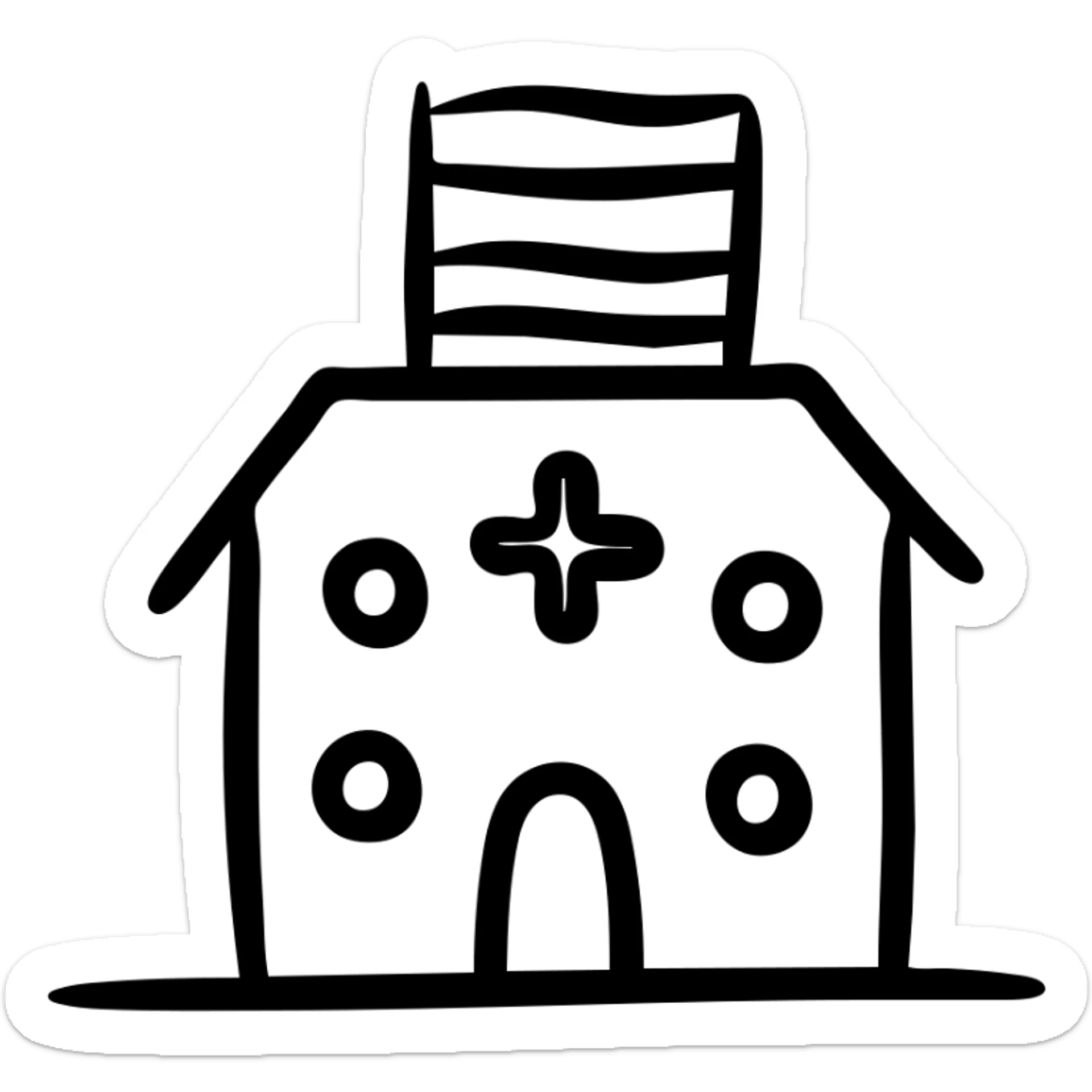 Hospital building with Thai flag on top, medical symbol, simple line drawing sticker