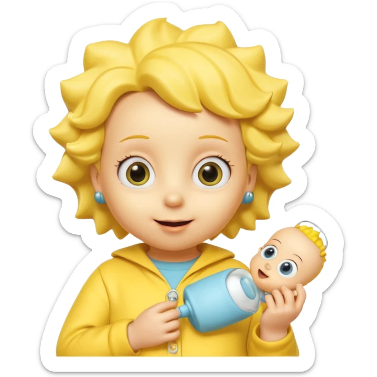 A 3D cartoon baby character fully yellow skin, styled like Maggie Simpson, with pacifier, yellow onesie, big eyes, smooth shading, Memoji-style rendering, consistent with other yellow Simpsons characters. sticker
