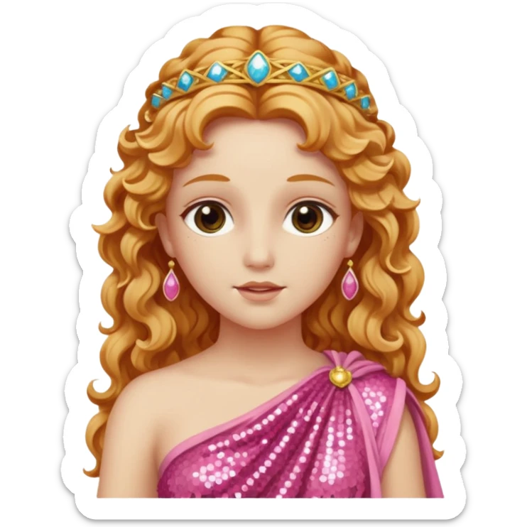 Venus, Goddess of Love from Roman Deities with long strawberry blonde wavy hair, pink sequin toga sticker