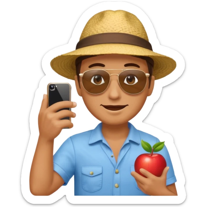 Draw a male tourist who pointed his phone for a photo. In the style of an Apple emoji sticker