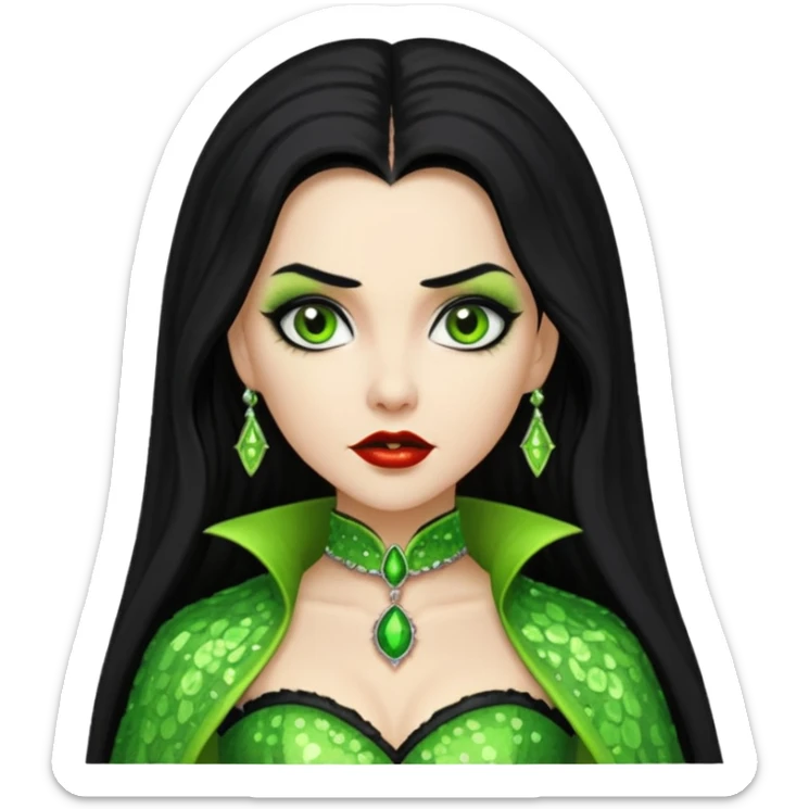 Verona, Bride of Dracula from Van Helsing with long black hair, lime green sequin outfit sticker