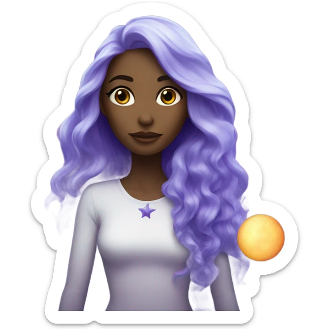 white woman with mystical sparkling galaxy hair with moon and stars in purple and blue shades sticker